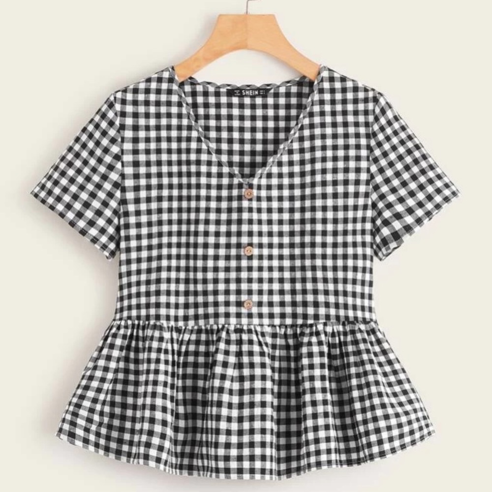 Button Front Plaid Smocked Top